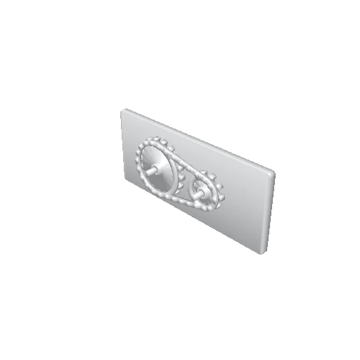 A clean 3D model of two metal sprockets of different sizes connected by a roller