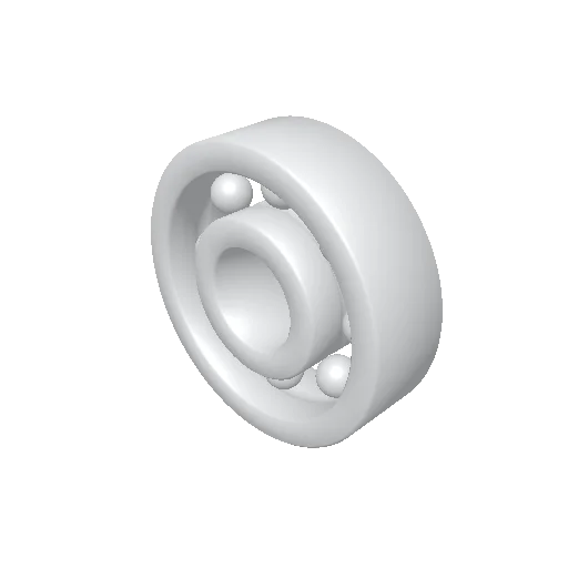 A clean 3D model of an open ball bearing showing inner race, outer race, and vis